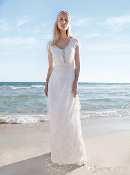 lace beach wedding dresses with cap sleeves v-neck bridal gowns a-line floor length wedding dress, White
lace beach wedding dresses with cap sleeves v-neck bridal gowns a-line floor length wedding dress, White