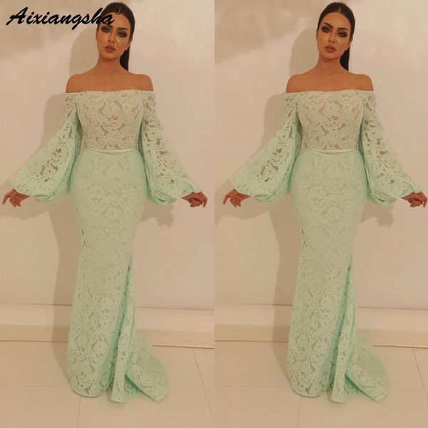 mint evening dresses 2019 off shoulder long sleeves lace mermaid prom dress islamic dubai saudi arabic long elegant evening gown, White;black