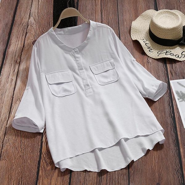 women pure color cotton and linen blouse o-neck half sleeve blouse with pockets button loose white kimono
women pure color cotton and linen blouse o-neck half sleeve blouse with pockets button loose white kimono