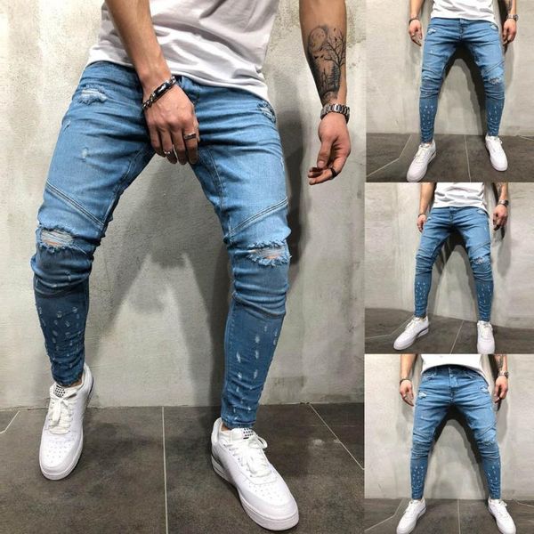 men's hole jeans elastic denim cotton vintage wash hip hop work trousers jeans pants 2019 men's casual pants skinny trousers, Blue 
men's hole jeans elastic denim cotton vintage wash hip hop work trousers jeans pants 2019 men's casual pants skinny trousers, Blue
