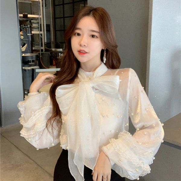 vintage mesh beading bow blouse shirt women see through lace up chiffon female casual blusas, White
vintage mesh beading bow blouse shirt women see through lace up chiffon female casual blusas, White