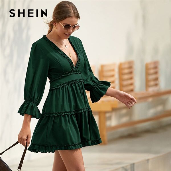 shein solid deep v neck frill trim flared dress women spring flounce sleeve open back high waist a line short dresses, Black;gray
shein solid deep v neck frill trim flared dress women spring flounce sleeve open back high waist a line short dresses, Black;gray