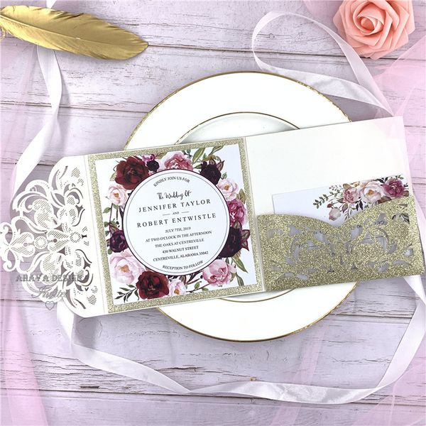 Luxury Champagne Gold Glitter Tri-Fold Laser Cut Pocket Wedding Invite With Customized Insert, Provide Free Printing and Free shipping
Luxury Champagne Gold Glitter Tri-Fold Laser Cut Pocket Wedding Invite With Customized Insert, Provide Free Printing and Free shipping