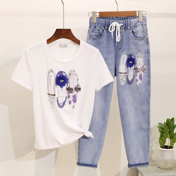 beading diamonds print t-shirt elastic waist denim 2 piece outfits for women set short sleeve cotton tees jeans pants suit, White
beading diamonds print t-shirt elastic waist denim 2 piece outfits for women set short sleeve cotton tees jeans pants suit, White