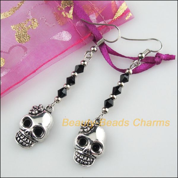 one pair crystal black beads flower skull charms tassel dangle earrings hook gift, Silver
one pair crystal black beads flower skull charms tassel dangle earrings hook gift, Silver