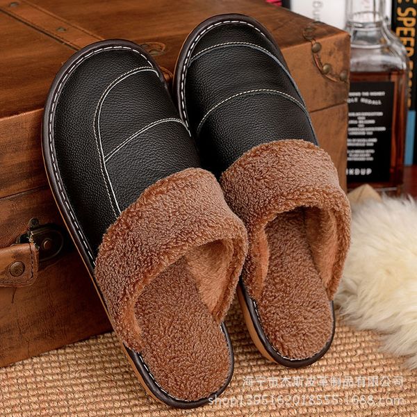 leather slippers men's warm slippers non-slip indoor wooden floor comfortable home women velvet warm, Black 
leather slippers men's warm slippers non-slip indoor wooden floor comfortable home women velvet warm, Black