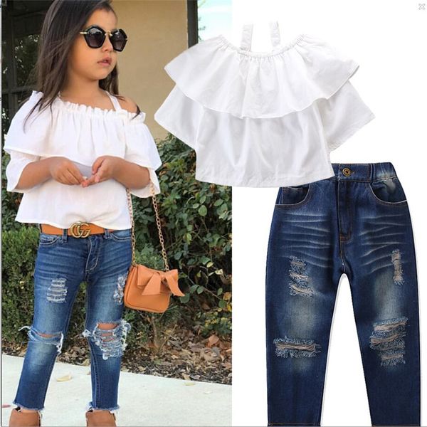 kid girl fashion outfits children summer clothing girl ruffles strap blouse denim jean pant 2pcs clothes set casual suits, White
kid girl fashion outfits children summer clothing girl ruffles strap blouse denim jean pant 2pcs clothes set casual suits, White