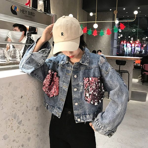 women solid blue long sleeve lapel collar sequin jacket loose casual short denim coat, Black;brown
women solid blue long sleeve lapel collar sequin jacket loose casual short denim coat, Black;brown