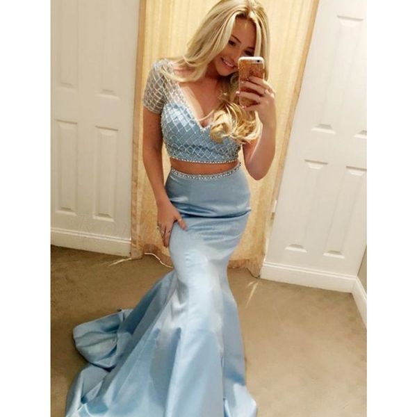mermaid two pieces prom dresses long v back beading satin short sleeves evening formal party dress vestido de fiesta, Black
mermaid two pieces prom dresses long v back beading satin short sleeves evening formal party dress vestido de fiesta, Black