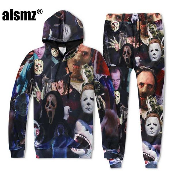 aismz осень зима новая мода мужчины женщины спортивный костюм набор 3d печати персонажей фильма ужасов толстовка толстовка + спортивные брюк, Gray