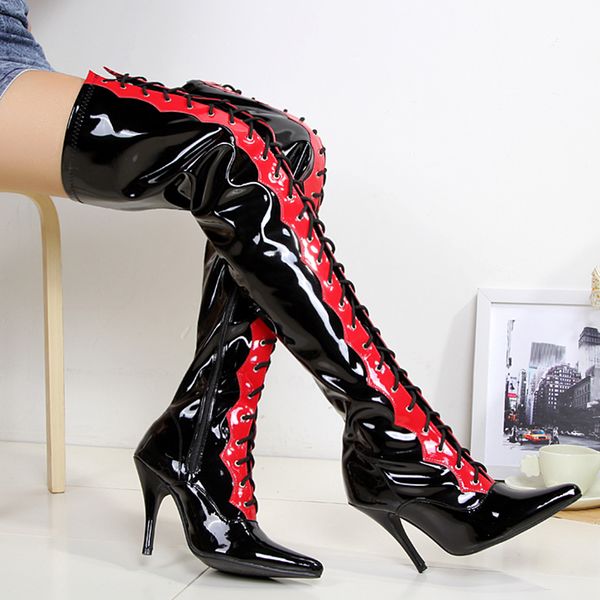 

high heels boots women shoes thigh boots glossy leather zipper lace up fashion over knee fenty beauty gothic shoes ladies, Black