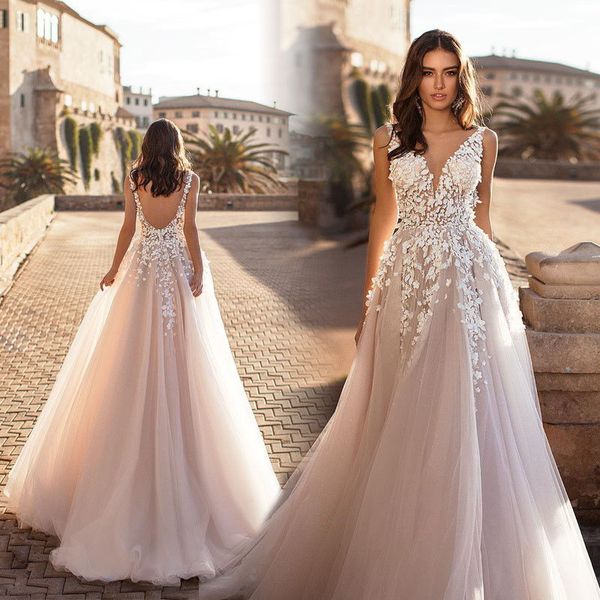 2019 a line beach wedding dresses v neck lace 3d floral appliqued shoulder strap wedding gowns summer beach bridal dress, White
2019 a line beach wedding dresses v neck lace 3d floral appliqued shoulder strap wedding gowns summer beach bridal dress, White