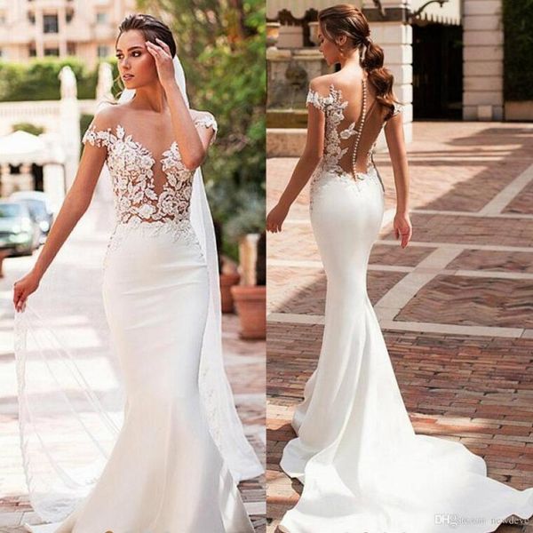 2019 new capped sleeves mermaid wedding dresses lace appliques boho bridal gowns illusion back satin long wedding gowns, White
2019 new capped sleeves mermaid wedding dresses lace appliques boho bridal gowns illusion back satin long wedding gowns, White
