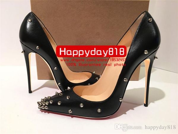 lady fashion designer women shoes black leather studded spikes point toe high heels thin heeled stiletto stripper prom evening pumps large s