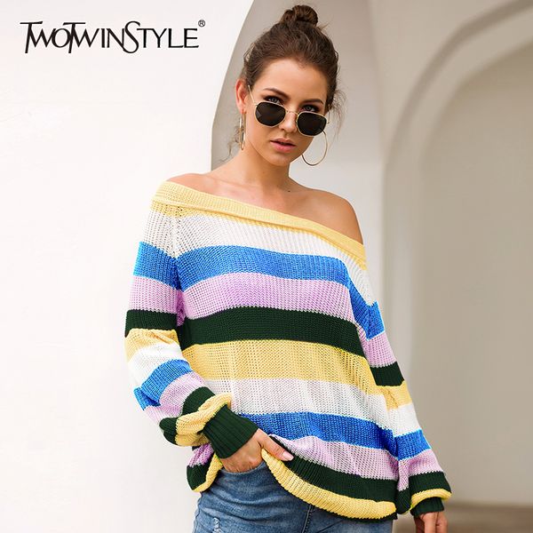 twotwinstyle hit color knitting women sweaters slash neck lantern sleeve pullovers striped sweater female 2019 fashion new, White;black
twotwinstyle hit color knitting women sweaters slash neck lantern sleeve pullovers striped sweater female 2019 fashion new, White;black