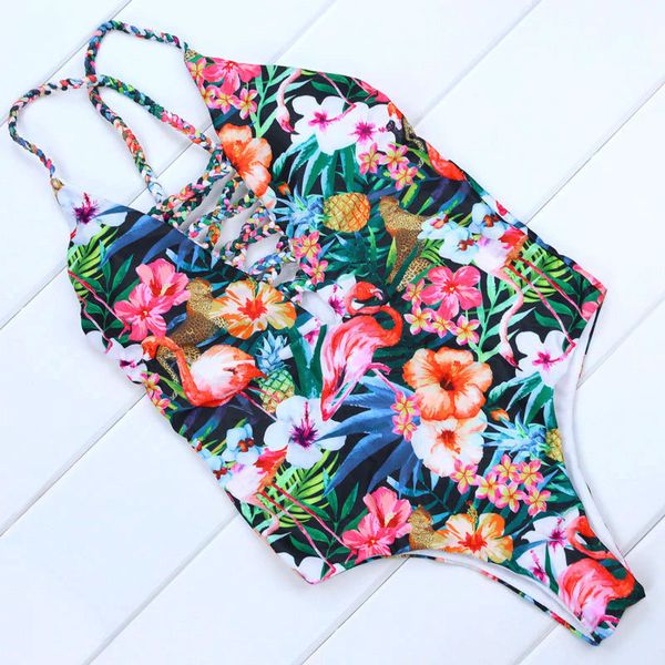 new bandage swimwear women one piece swimsuit floral print monokini swimsuit beach wear bathing suit bodysuit swim, White;black