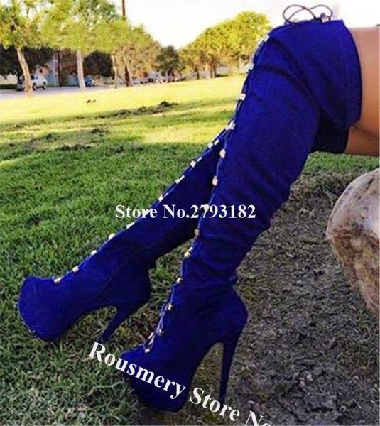 style round toe suede leather high platform over knee stiletto heel boots blue red lace-up slim long high heel boots, Black
style round toe suede leather high platform over knee stiletto heel boots blue red lace-up slim long high heel boots, Black