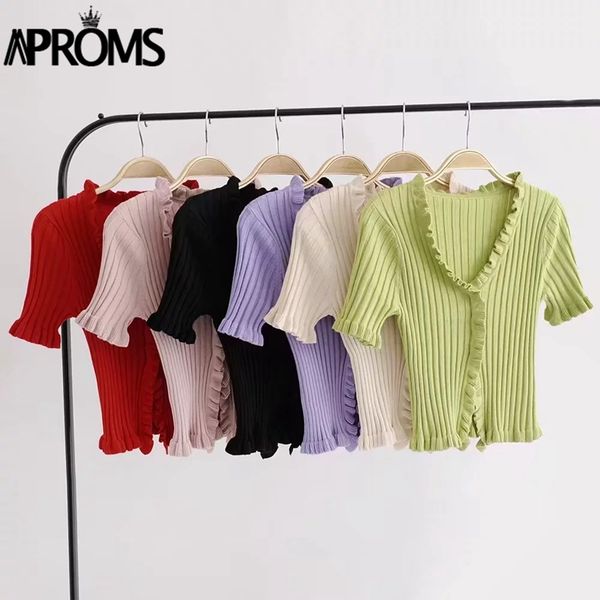 aproms v neck ribbed knitted blouse women short sleeve buttons cardigan shirt casual frills slim fit crop female blusas 2018, White
aproms v neck ribbed knitted blouse women short sleeve buttons cardigan shirt casual frills slim fit crop female blusas 2018, White