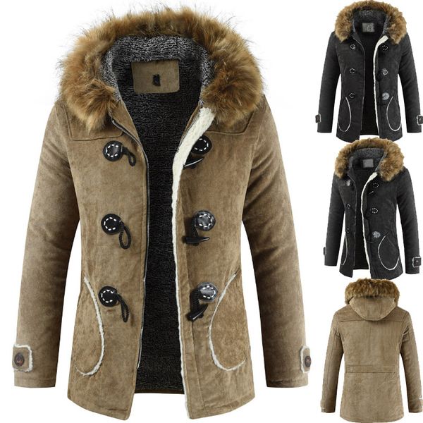 men winter coats fleece warm thick jackets men outerwear windproof casual coat with fur hooded horn button mens parkas, Black
men winter coats fleece warm thick jackets men outerwear windproof casual coat with fur hooded horn button mens parkas, Black