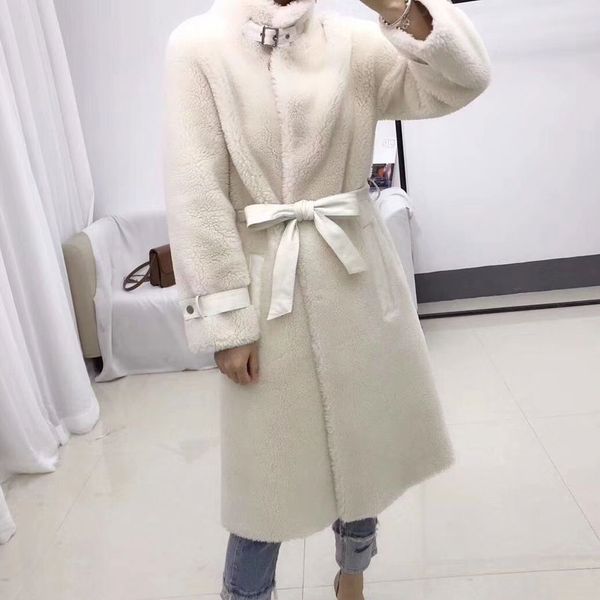 

2019 winter real fur coat sheep fur jacket women harajuku sheep shearing with belt stand collar parkas wool overcoat outwear, Black