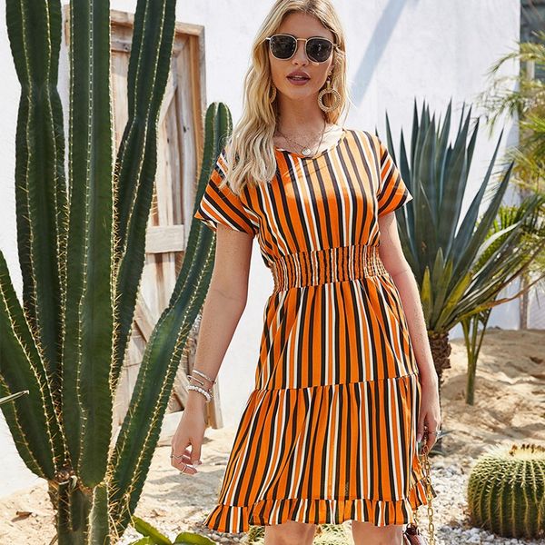 women summer dress short sleeve striped women dresses knee length elegant o-neck a-line casual beach dress, White
women summer dress short sleeve striped women dresses knee length elegant o-neck a-line casual beach dress, White