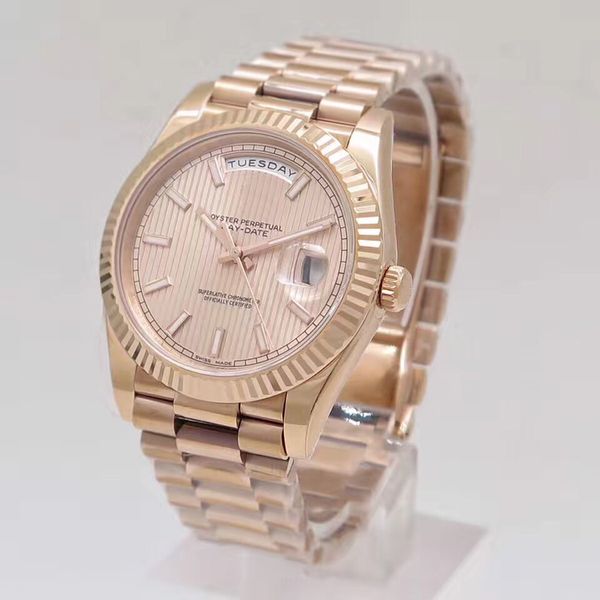 2019 18 ct rose gold daydate mens watch 40mm automatic mechanical movement stripe dial stainless steel solid clasp man watches wristwatch, Slivery;brown
2019 18 ct rose gold daydate mens watch 40mm automatic mechanical movement stripe dial stainless steel solid clasp man watches wristwatch, Slivery;brown
