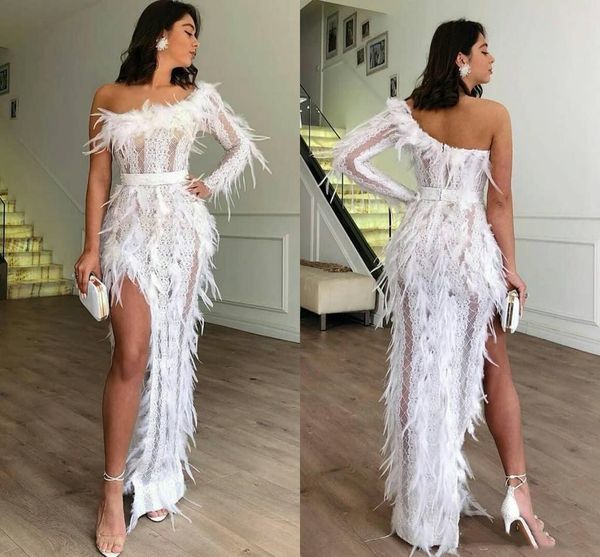 2019 сексуальные вечерние платья высокая сторона сплит кружева перо одно плечо русалка платье выпускного вечера длина пола с длинным рукавом, Black;red 
2019 сексуальные вечерние платья высокая сторона сплит кружева перо одно плечо русалка платье выпускного вечера длина пола с длинным рукавом, Black;red