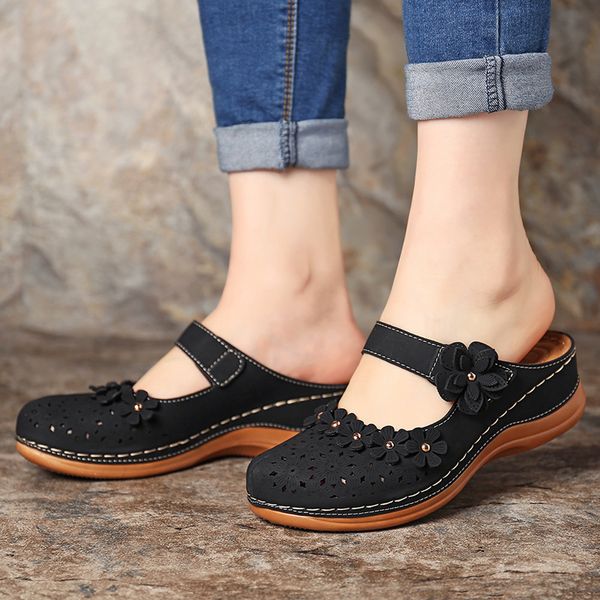 women's wedge bohemia sandals hollow flower flip flop casual platform slides open toe vintage anti-slip comfy beach shoes, Black
women's wedge bohemia sandals hollow flower flip flop casual platform slides open toe vintage anti-slip comfy beach shoes, Black