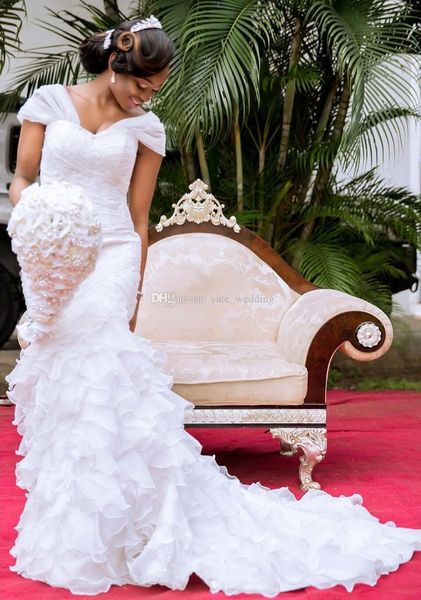 elegant organza mermaid wedding dresses off shoulder cap sleeves ruffles tiered skirt appliques beaded wedding gowns bridal dress, White
elegant organza mermaid wedding dresses off shoulder cap sleeves ruffles tiered skirt appliques beaded wedding gowns bridal dress, White