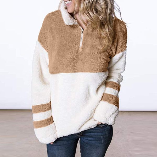 women's sweatshirt fluffy hoodies plush autumn winter warm loose casual lapel zipper contrast color stitching pullover moletom, Black
women's sweatshirt fluffy hoodies plush autumn winter warm loose casual lapel zipper contrast color stitching pullover moletom, Black