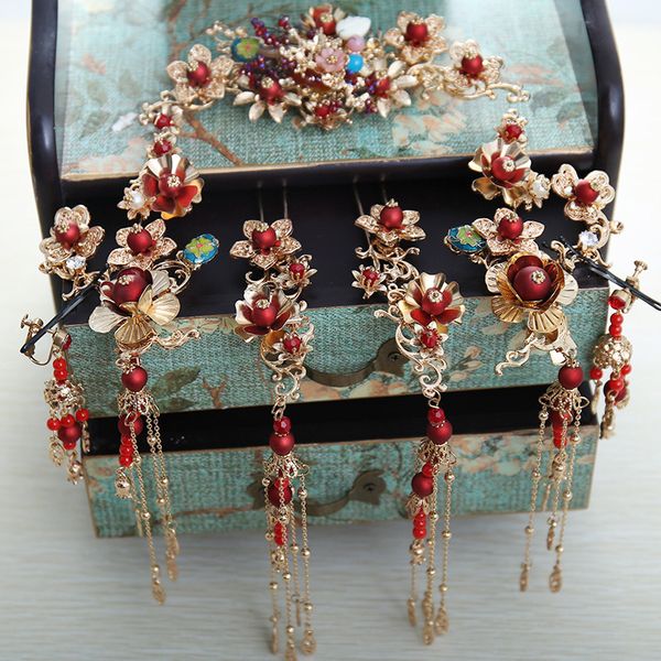 new style chinese long tassel hair sticks red pearls tiara costume wedding bride's headdress, Golden;white
new style chinese long tassel hair sticks red pearls tiara costume wedding bride's headdress, Golden;white