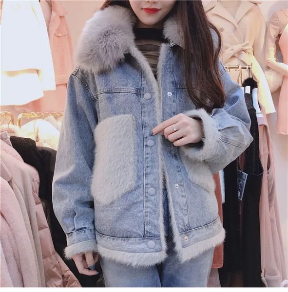 denim fur jackets winter coat women 2018 real fox fur collar loose flocking women's jacket thick warm pockets jeans coat outwear, Black;brown
denim fur jackets winter coat women 2018 real fox fur collar loose flocking women's jacket thick warm pockets jeans coat outwear, Black;brown
