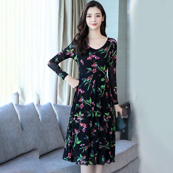 women dress floral printed elastic high waist below-knee length dresses v-neck long sleeve a-line elegant ladies dress, Black;gray
women dress floral printed elastic high waist below-knee length dresses v-neck long sleeve a-line elegant ladies dress, Black;gray
