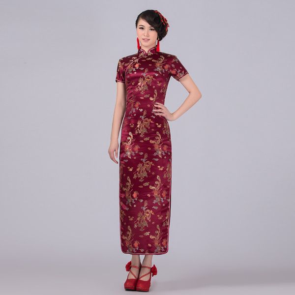 

burgundy chinese traditional dress women satin qipao dragon phenix long cheongsam plus size s  l xl xxl xxxl 4xl 5xl 6xl lf-05, Red