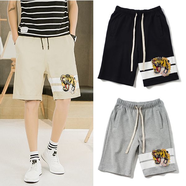 men casual knee cotton shorts embroidery tiger head print striped short pants black gray drawstring waist, White;black
men casual knee cotton shorts embroidery tiger head print striped short pants black gray drawstring waist, White;black