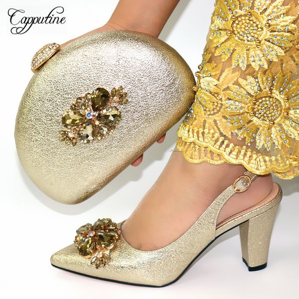 capputine new fashion gold color shoes and bag set latest african women high heels shoes and bag set for party wholesale price, Black
capputine new fashion gold color shoes and bag set latest african women high heels shoes and bag set for party wholesale price, Black