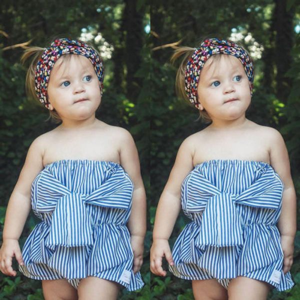 

2018 New Summer Style Baby Girl Bandeau Romper Blue Striped&White Cute Baby Girl Bowknot Cotton Romper Jumpsuit Headband Clothes