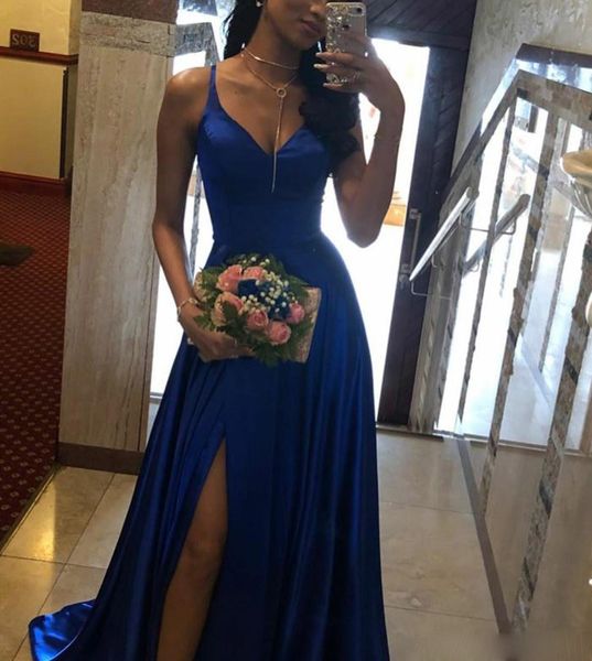 long v-neck royal blue side slit satin evening dresses with pockets sweep train robe de soiree custom made back formal gowns, Black;red
long v-neck royal blue side slit satin evening dresses with pockets sweep train robe de soiree custom made back formal gowns, Black;red