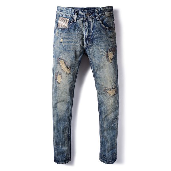 european retro design fashion mens jeans slim fit vintage patchwork ripped jeans for men brand biker men casual pants, Blue
european retro design fashion mens jeans slim fit vintage patchwork ripped jeans for men brand biker men casual pants, Blue