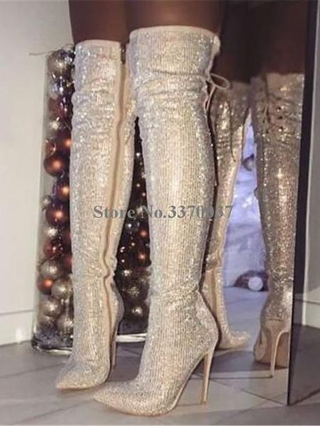 crystal bling bling long boots lace up zipper stiletto high heel over the knee shoes runway party pointed toe ladies, Black
crystal bling bling long boots lace up zipper stiletto high heel over the knee shoes runway party pointed toe ladies, Black