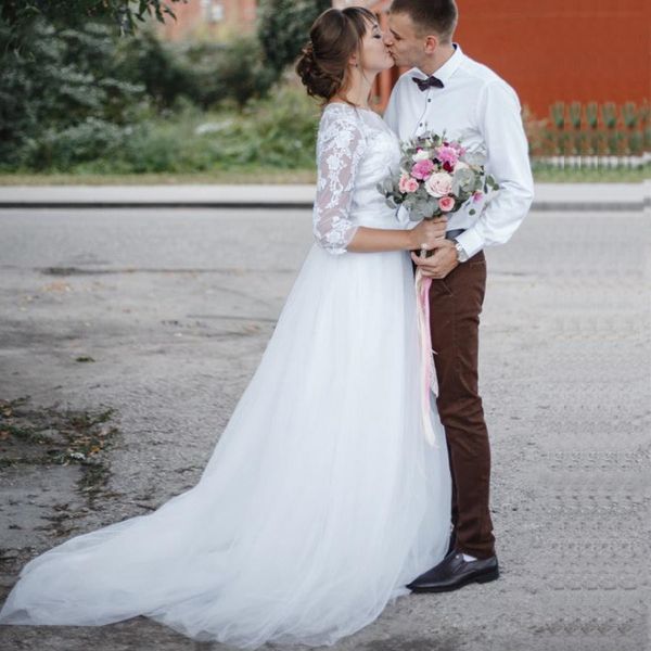 lace half sleeve wedding dresses spring small round neck lace fancy tulle skirt a line sweep train bridal gowns customize, White
lace half sleeve wedding dresses spring small round neck lace fancy tulle skirt a line sweep train bridal gowns customize, White