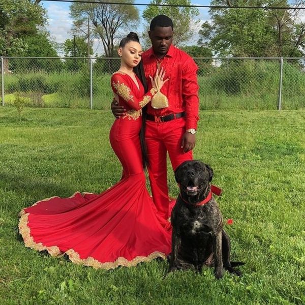 long sleeve mermaid prom dresses red spandex gold appliques v neck prom gowns long open back gradaution party dresses, Black
long sleeve mermaid prom dresses red spandex gold appliques v neck prom gowns long open back gradaution party dresses, Black