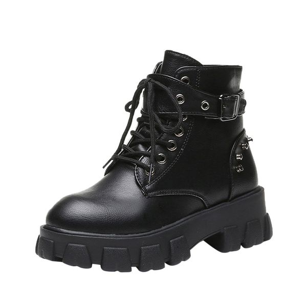 women ankle platforms martin boots autumn winter solid color zipper punk belt buckle rivets cool lace up boots women's shoes, Black
women ankle platforms martin boots autumn winter solid color zipper punk belt buckle rivets cool lace up boots women's shoes, Black