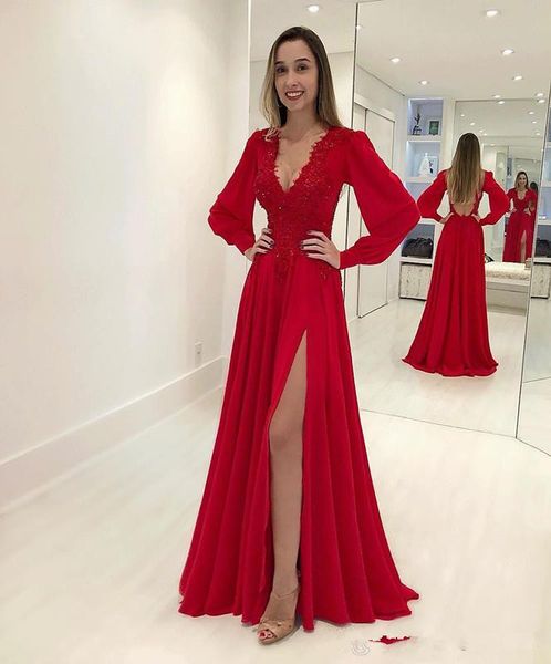 2022 red a line chiffon prom dress deep v neck long sleeves lace appliques dresses evening wear formal occasion gowns, Black;red
2022 red a line chiffon prom dress deep v neck long sleeves lace appliques dresses evening wear formal occasion gowns, Black;red