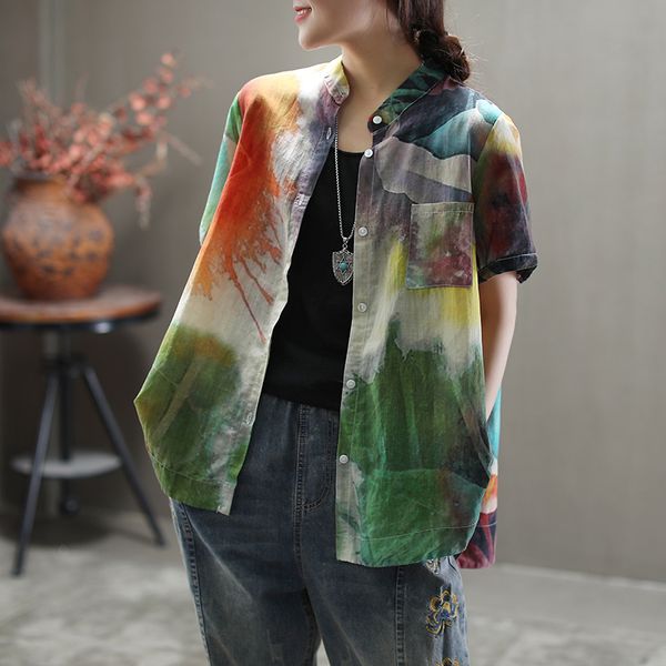 women summer fashion brand japan style vintage cotton linen artistic print short sleeve shirt female casual stand collar shirts, White
women summer fashion brand japan style vintage cotton linen artistic print short sleeve shirt female casual stand collar shirts, White
