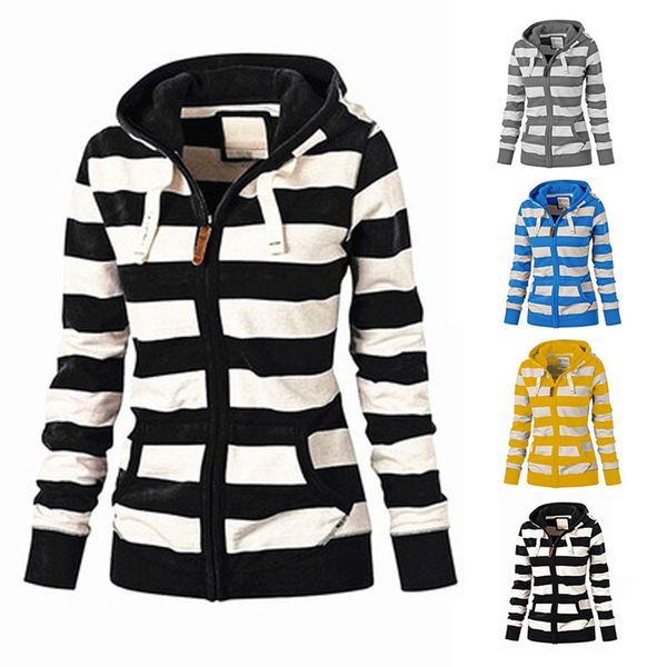 

clothing autumn and winter women's ladies striped zipper hoodie hooded sweatshirt jacket casual self-cultivation wild 5xl, Black;brown