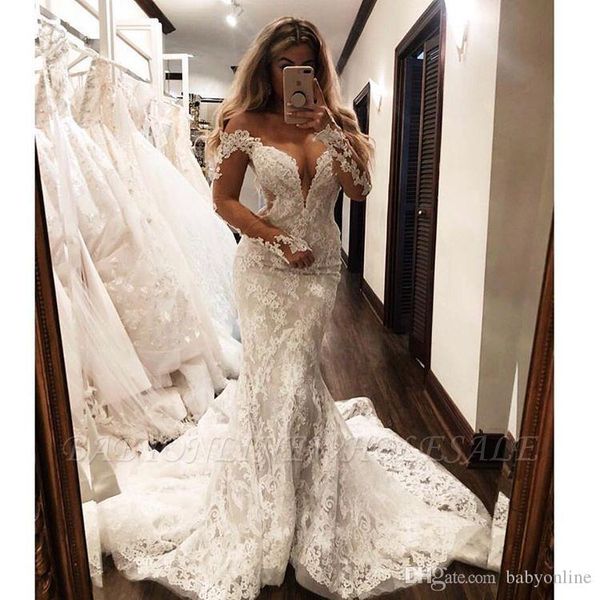 2019 long sleeve mermaid wedding dresses off the shoulder deep v neck ruched train country bridal gowns custom made boho wedding dress, White
2019 long sleeve mermaid wedding dresses off the shoulder deep v neck ruched train country bridal gowns custom made boho wedding dress, White