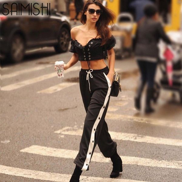 saimishi white tape panel women trousers streetwear high waist drawstring design snap button side harem pants joggers sweatpants, Black;white
saimishi white tape panel women trousers streetwear high waist drawstring design snap button side harem pants joggers sweatpants, Black;white