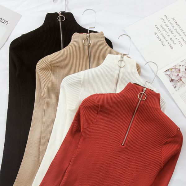 2019 new winter women long sleeve half zipper fashion sweater retro chic half-high collar simple inside sweater, White;black
2019 new winter women long sleeve half zipper fashion sweater retro chic half-high collar simple inside sweater, White;black