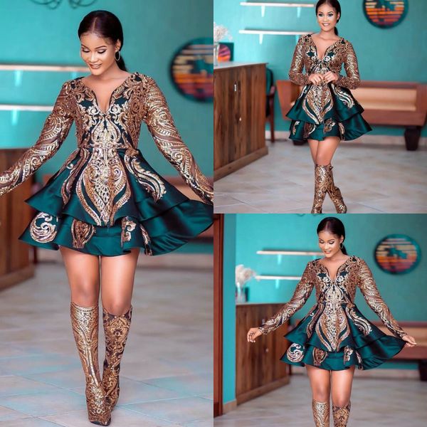 2019 hunter prom dresses with gold lace appliqued v back long sleeve mini cocktail party dress custom made formal gowns evening wear, Black
2019 hunter prom dresses with gold lace appliqued v back long sleeve mini cocktail party dress custom made formal gowns evening wear, Black